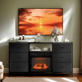 Black Embossed Fireplace TV Stand with 18 Inch Insert & 6 Fabric Drawers, RGB Lights, Industrial Iron-Wood Design Media Console, 58 x 11.8 x 31.3 Black Embossed Fireplace TV Stand with 18 Inch Insert & 6 Fabric Drawers, RGB Lights, Industrial Iron-Wood Design Media Console, 58 x 11.8 x 31.3